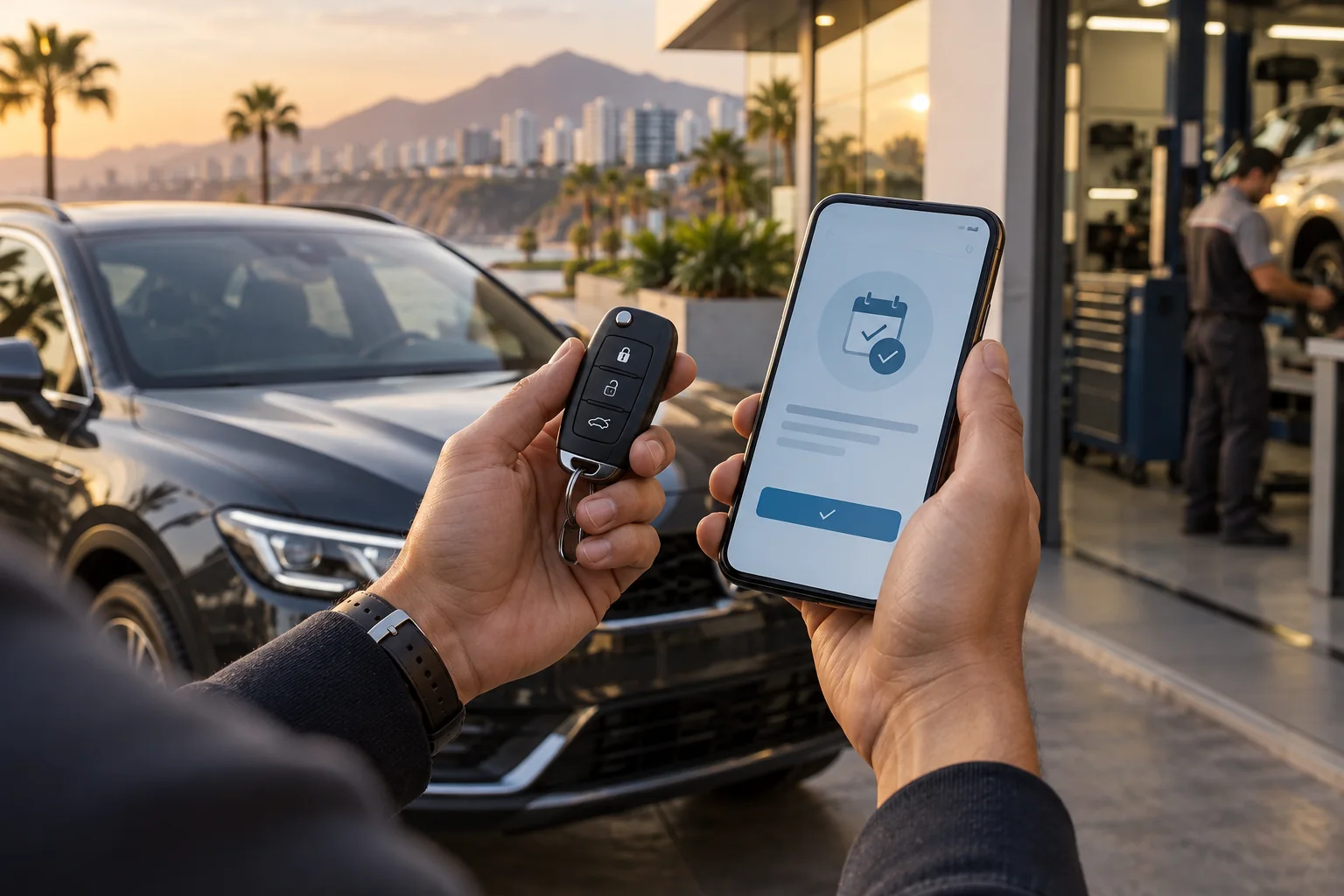 Llaves de auto y confirmación de cita en un teléfono