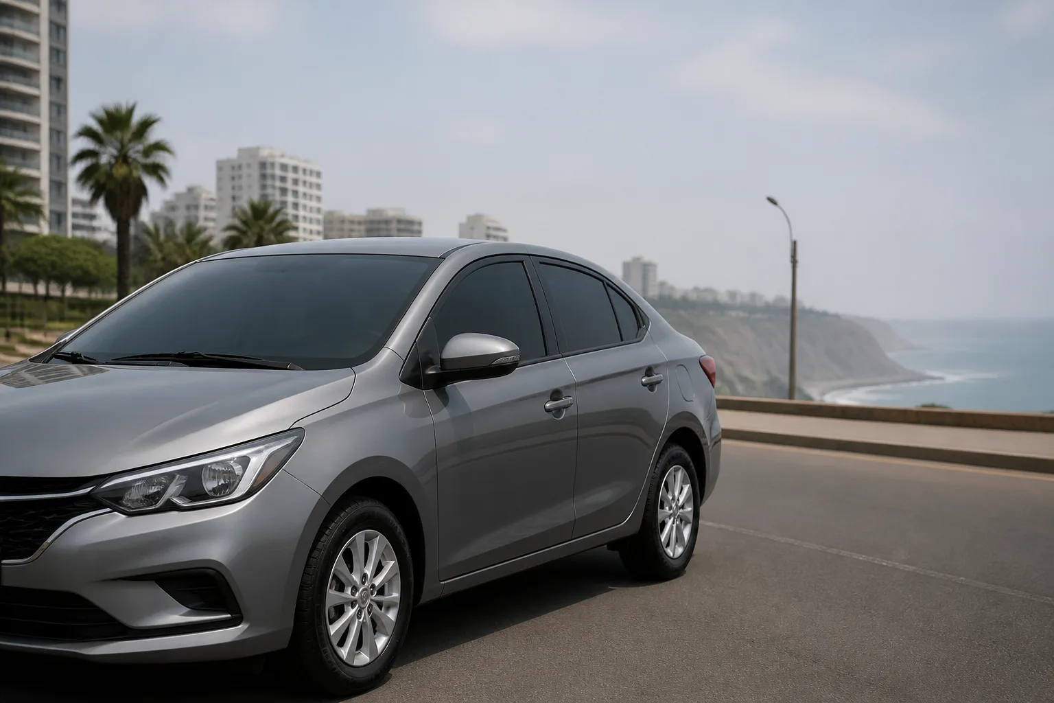 Automóvil en un entorno urbano de Lima frente al mar