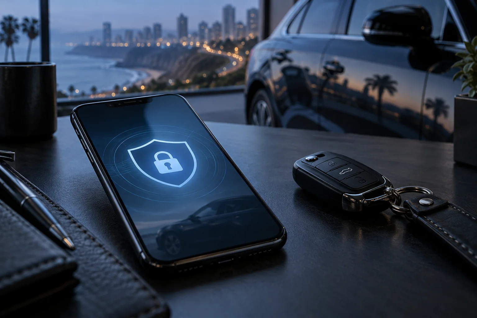 Teléfono con concepto de privacidad junto a llaves de auto