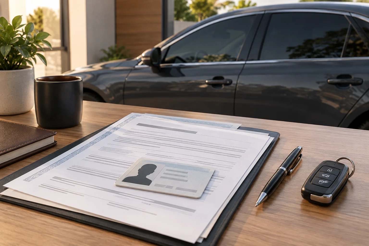 Documentos y llaves de auto organizados para revisar requisitos