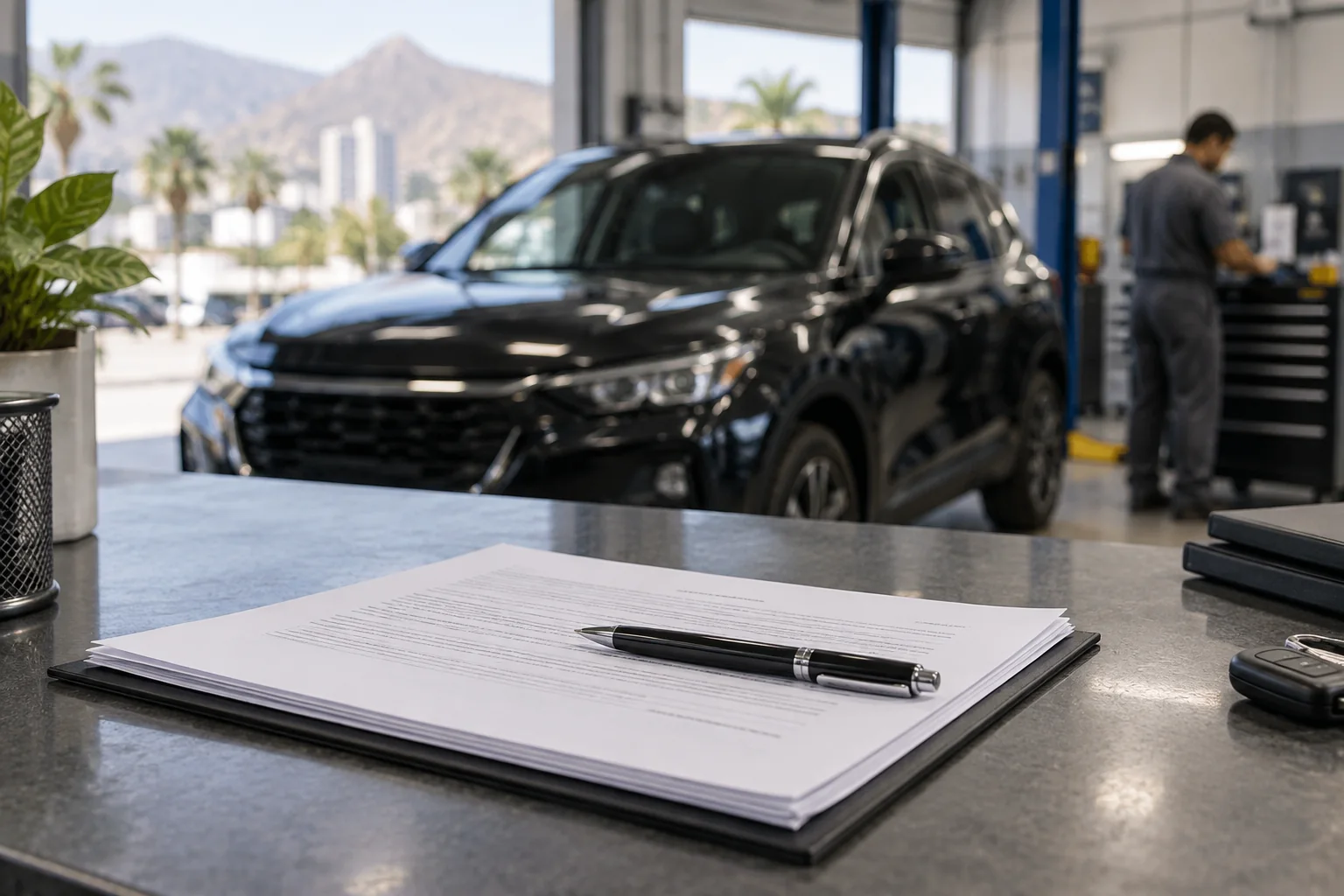 Documentos y lapicero sobre un mostrador de taller automotriz